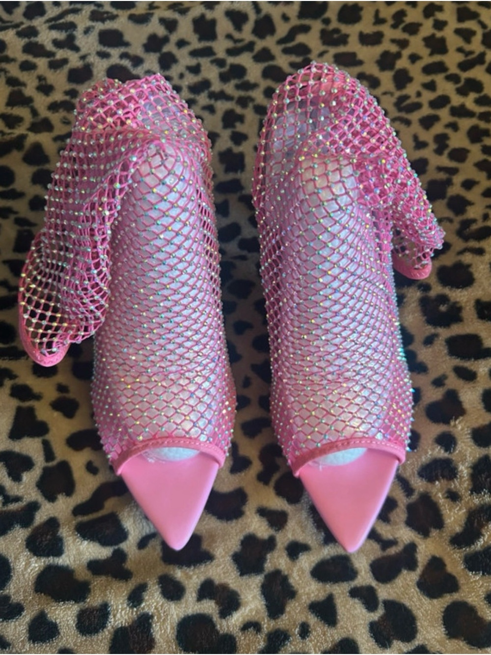 Gorgeous Pink Rhinestone Mesh Peep-Toe Stiletto Booties - Picture 5 of 9